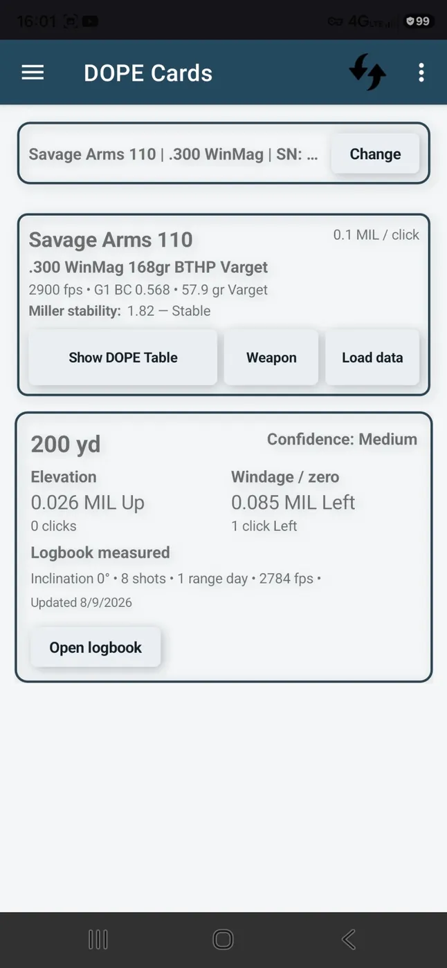 Shooters Toolbox DOPE Cards screen