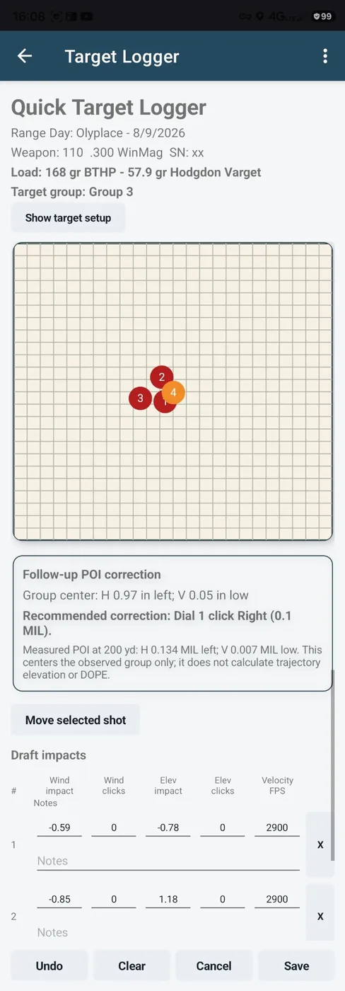 Shooters Toolbox Target Logger screen